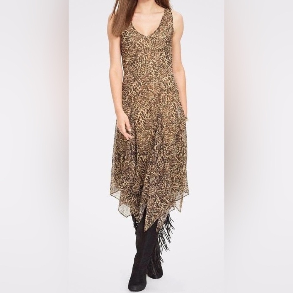 Lauren Ralph Lauren Georgette Animal Print Handkerchief Hem Midi Dress Size 4P